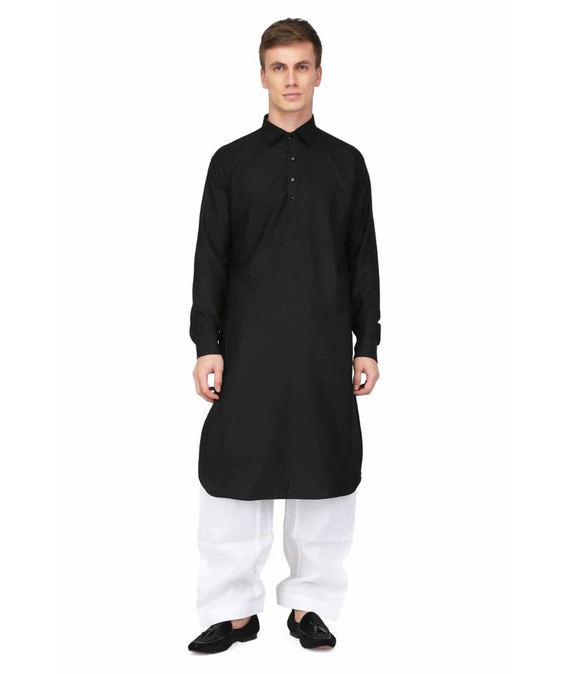 Black Cotton printed stitched   mens kurta