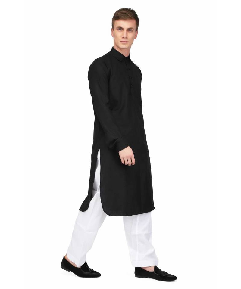 Black Cotton printed stitched   mens kurta
