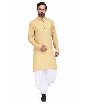 Yellow Rayon printed stitched   mens kurta 1