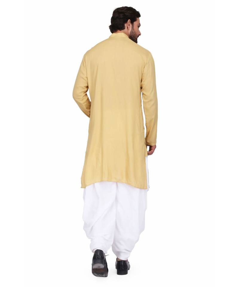 Yellow Rayon printed stitched   mens kurta