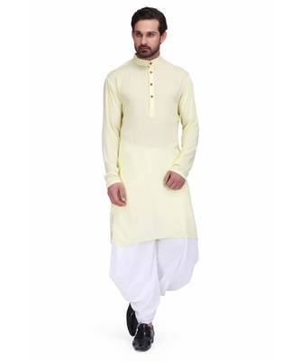 Yellow Rayon printed stitched   mens kurta 1