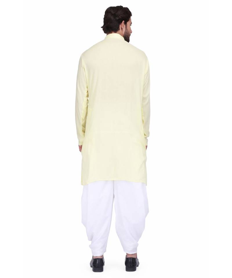 Yellow Rayon printed stitched   mens kurta