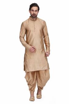Gold silk printed stitched   mens kurta