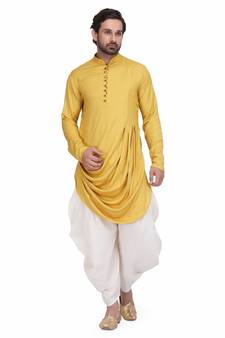 Mustared yelllow Rayon printed stitched   mens kurta