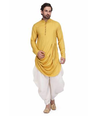Mustared yelllow Rayon printed stitched   mens kurta 1
