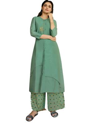 Green embroidered tissue ethnic-kurtis 1