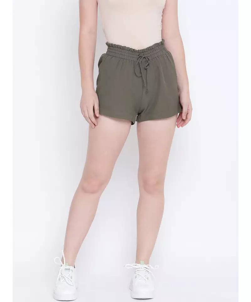 Flashing bold khaki elasticated  women causal Linen shorts