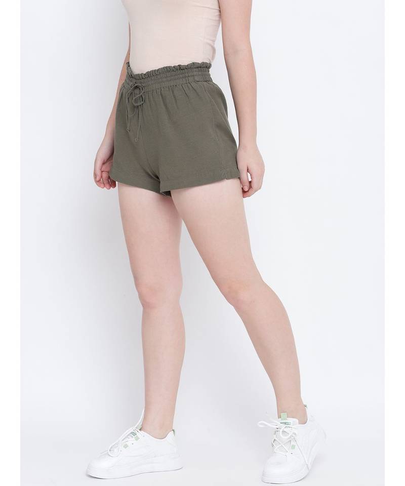 Flashing bold khaki elasticated  women causal Linen shorts