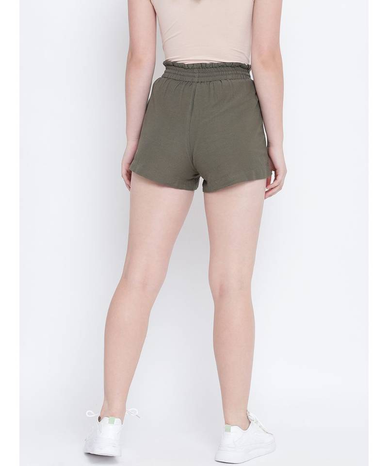 Flashing bold khaki elasticated  women causal Linen shorts