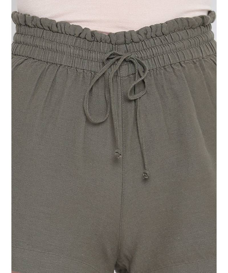 Flashing bold khaki elasticated  women causal Linen shorts