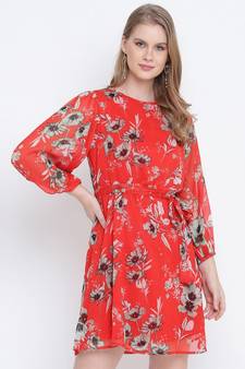 Chilly red floral printed casual women tie knot dress