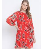 Chilly red floral printed casual women tie knot dress