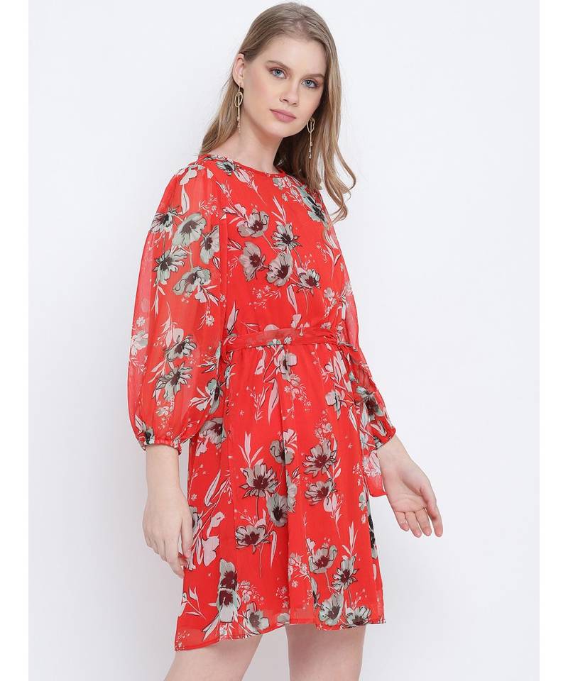 Chilly red floral printed casual women tie knot dress