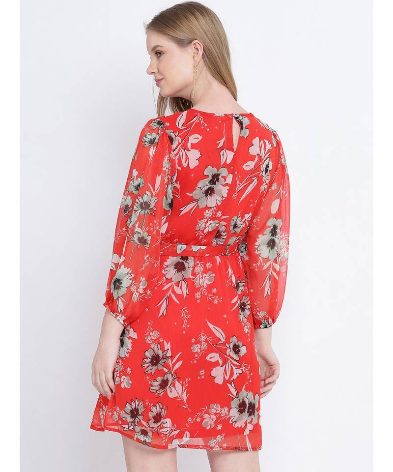 Chilly red floral printed casual women tie knot dress