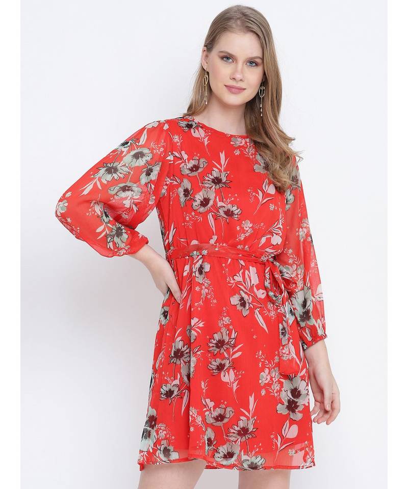Chilly red floral printed casual women tie knot dress