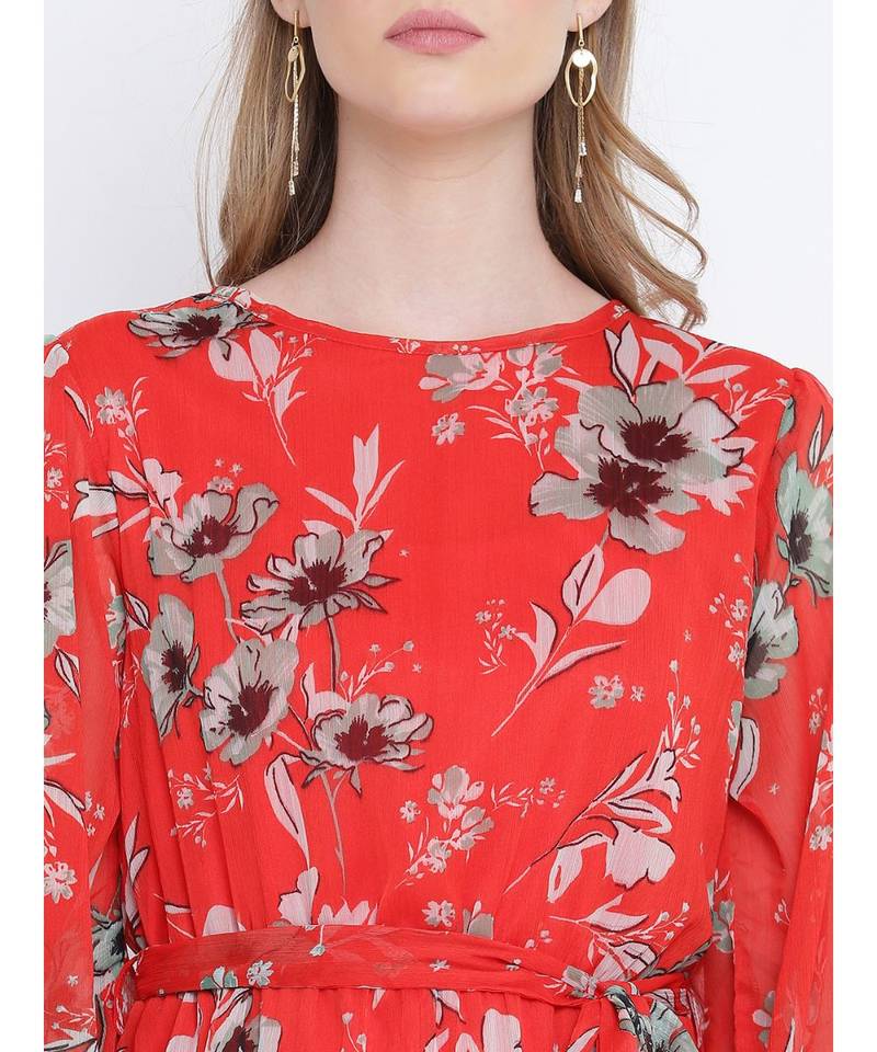 Chilly red floral printed casual women tie knot dress