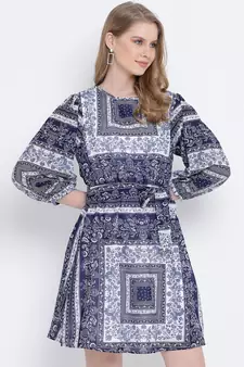 Blowsy blue graphic printed casual women tie knot  dress