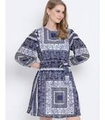 Blowsy blue graphic printed casual women tie knot  dress