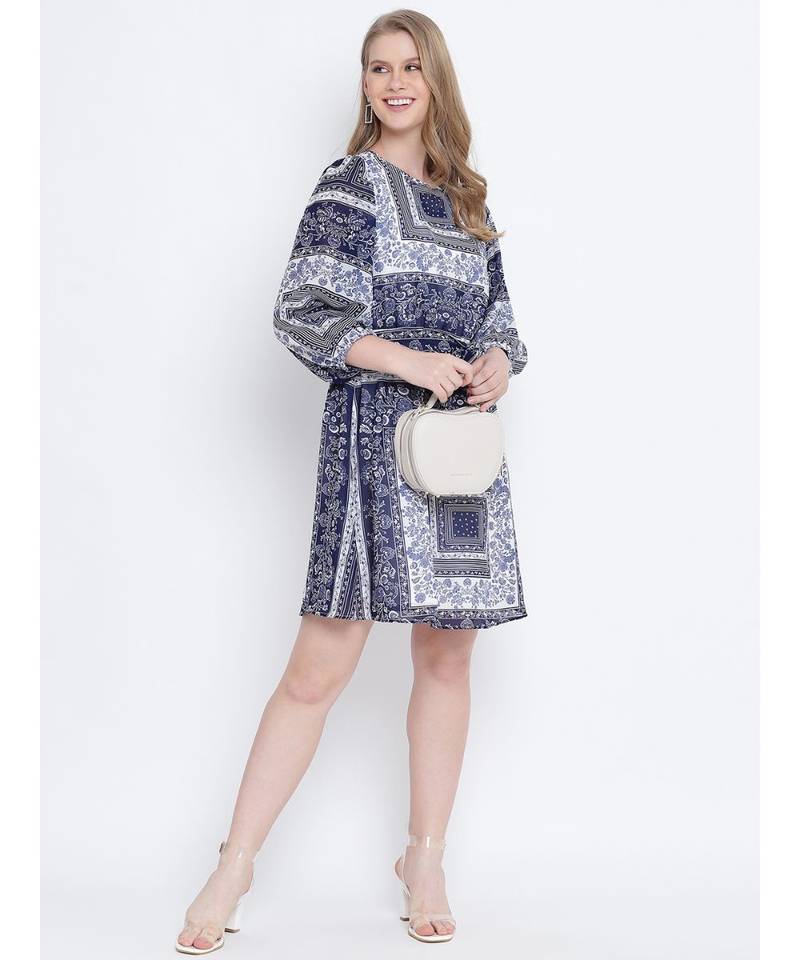 Blowsy blue graphic printed casual women tie knot  dress
