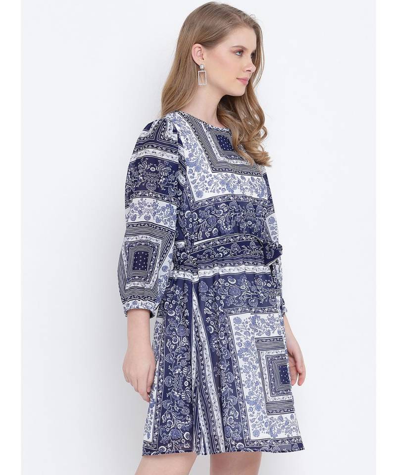 Blowsy blue graphic printed casual women tie knot  dress