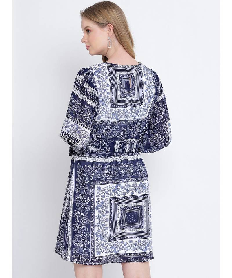 Blowsy blue graphic printed casual women tie knot  dress
