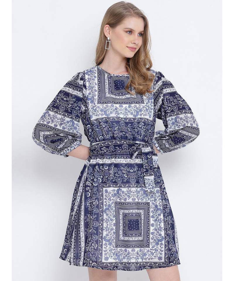 Blowsy blue graphic printed casual women tie knot  dress