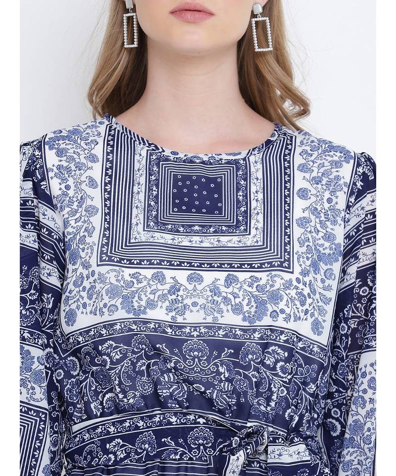 Blowsy blue graphic printed casual women tie knot  dress