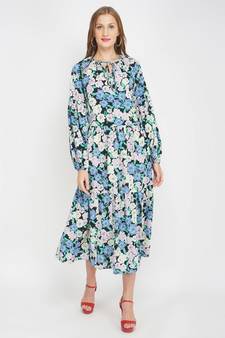 British Florals Blue Women's Layered Maxi Dress