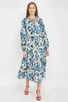 British Florals Blue Women's Layered Maxi Dress