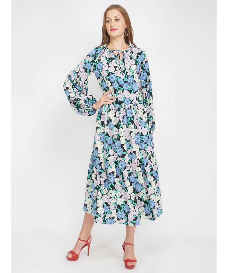 British Florals Blue Women's Layered Maxi Dress