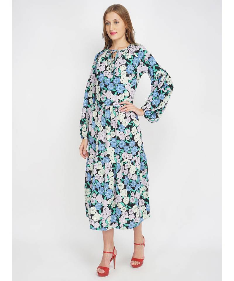 British Florals Blue Women's Layered Maxi Dress