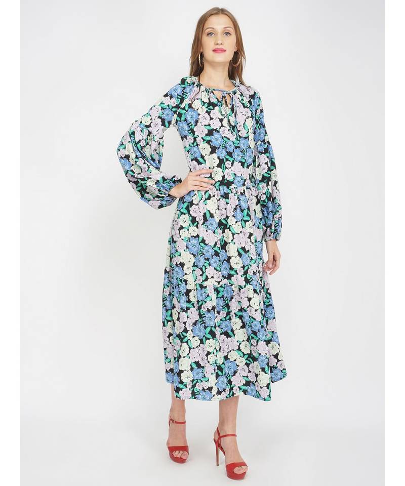 British Florals Blue Women's Layered Maxi Dress