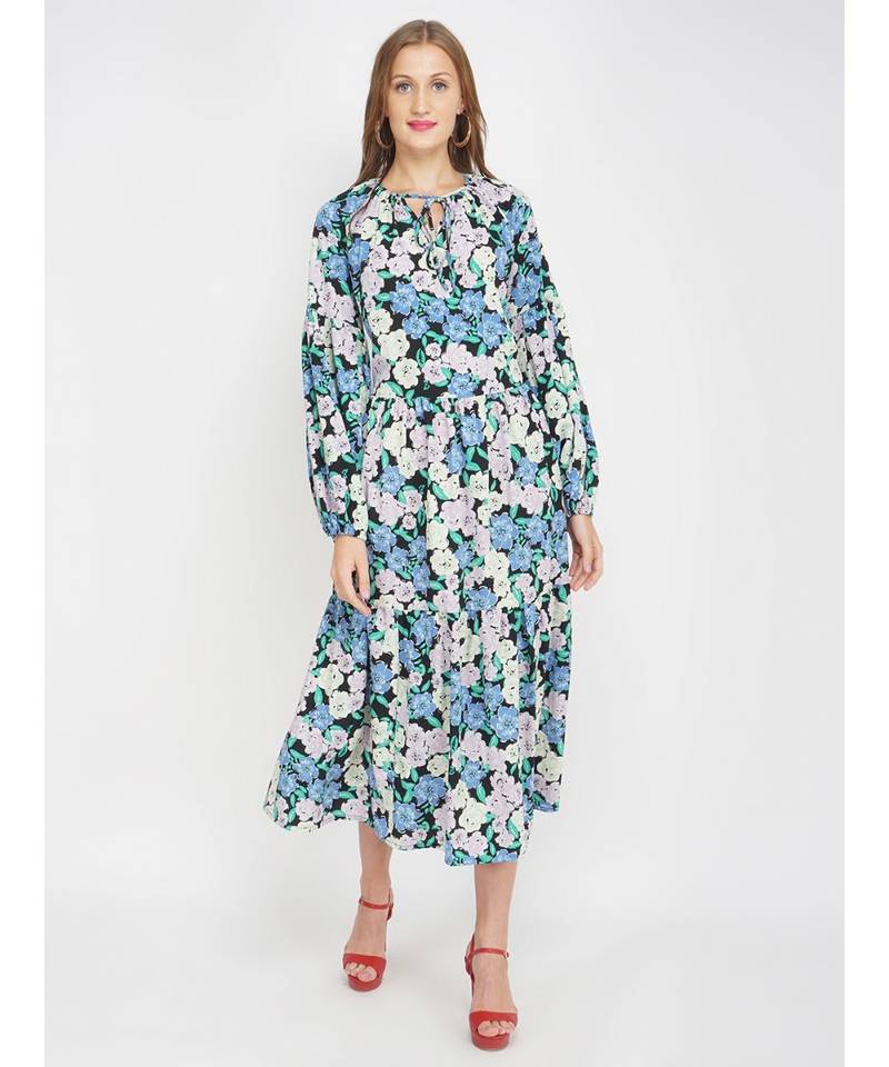 British Florals Blue Women's Layered Maxi Dress