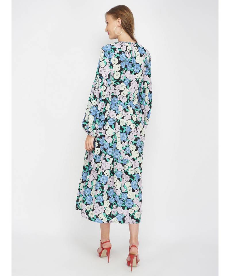 British Florals Blue Women's Layered Maxi Dress