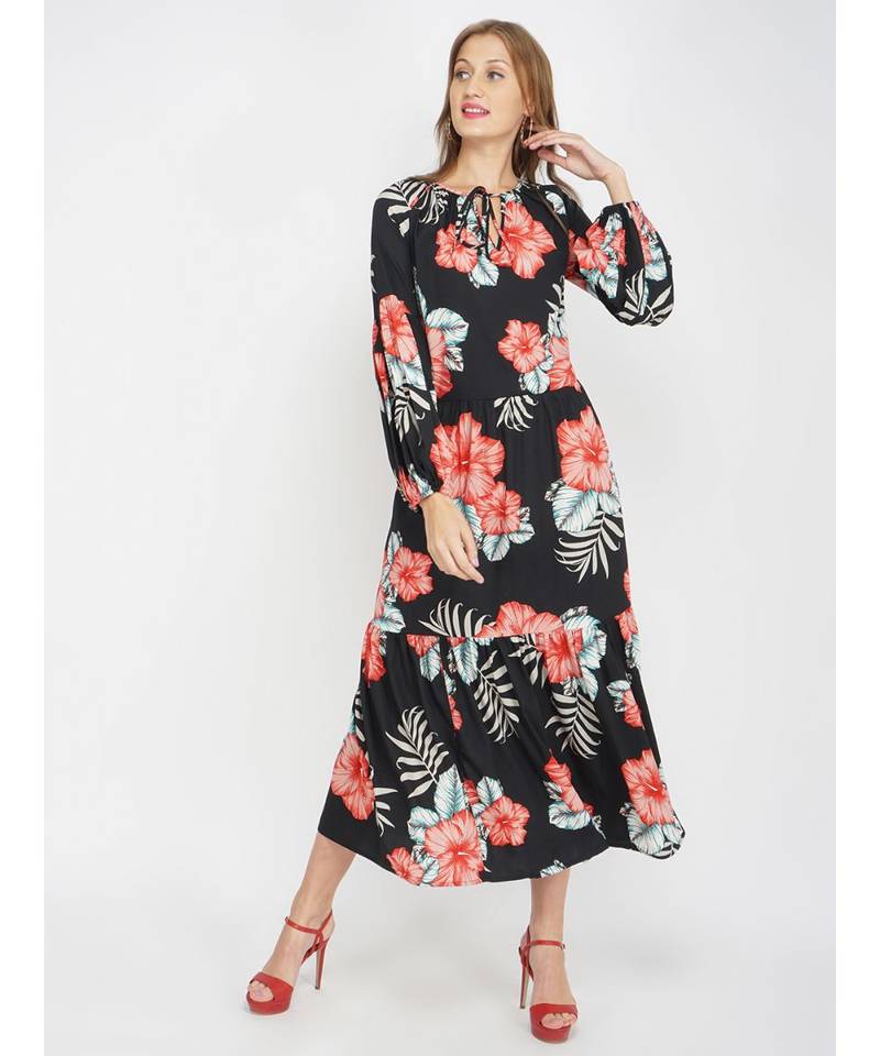 Red Hibiscus Women's Layered Maxi Dress