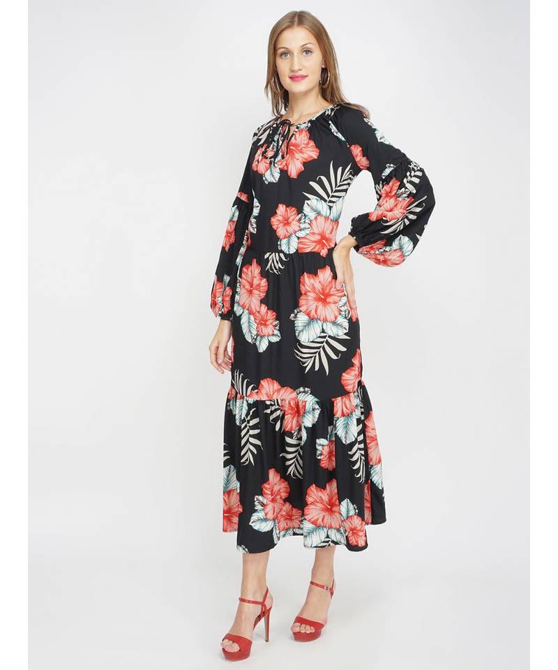 Red Hibiscus Women's Layered Maxi Dress