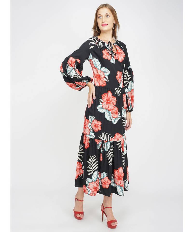 Red Hibiscus Women's Layered Maxi Dress