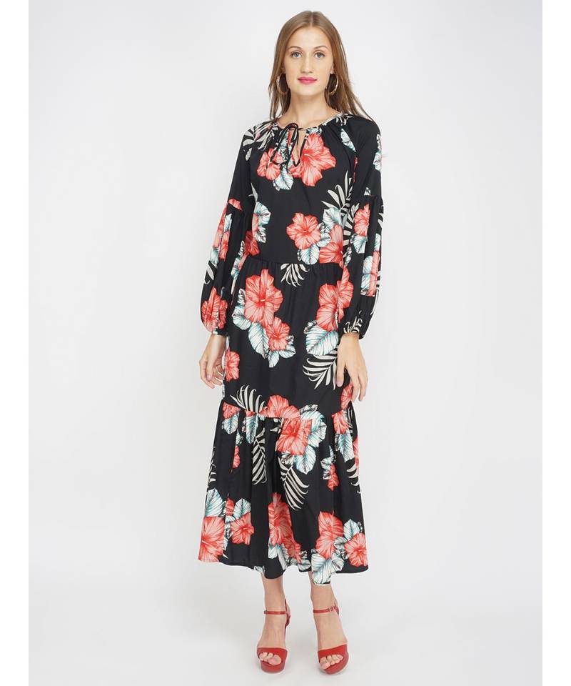 Red Hibiscus Women's Layered Maxi Dress