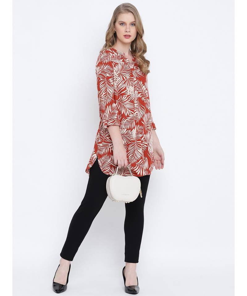 Rushed red  printed  causal tunic
