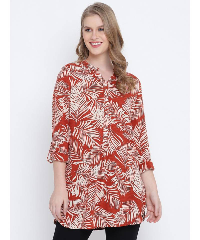 Rushed red  printed  causal tunic