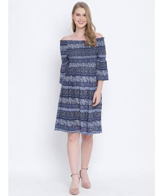 Misty blue printed bardot women casual dress 1