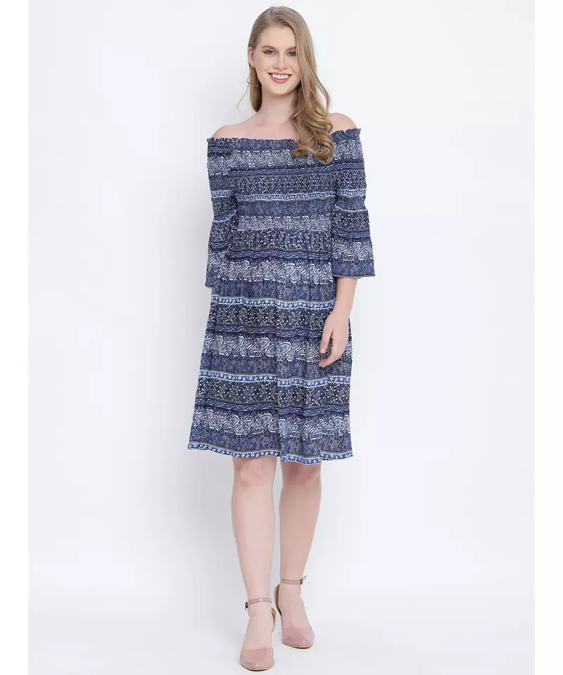 Misty blue printed bardot women casual dress