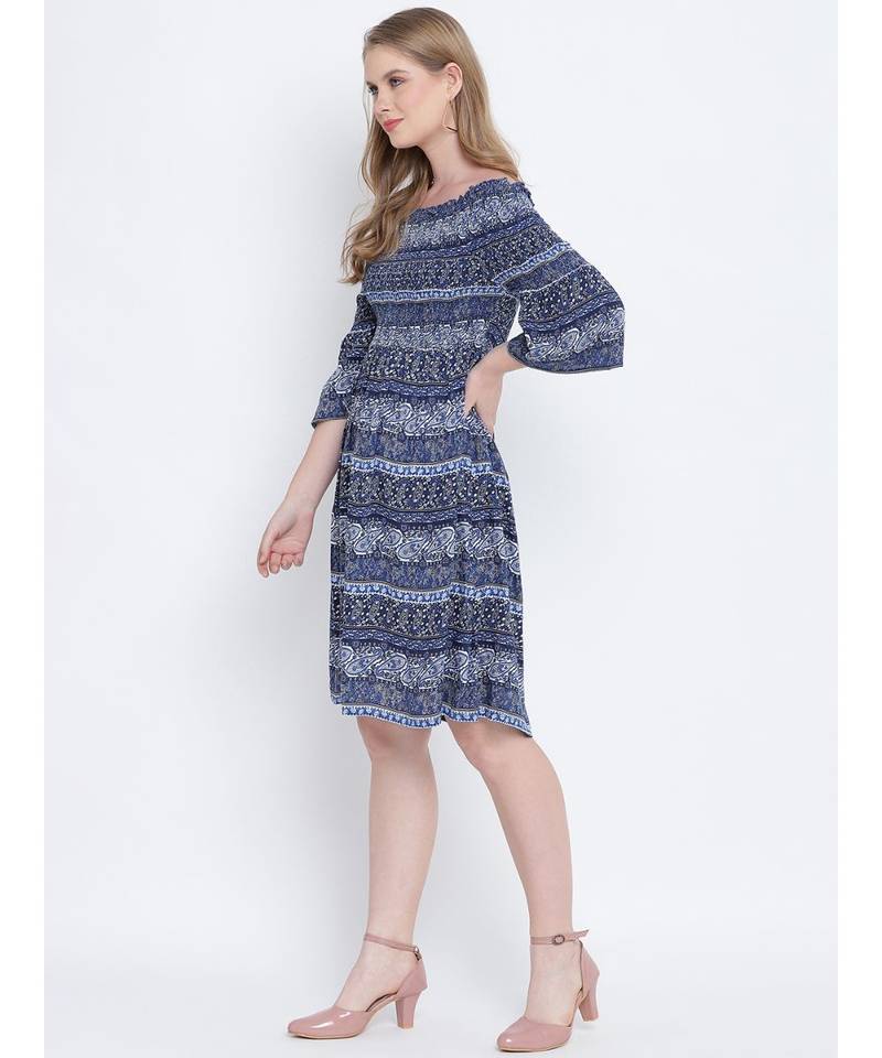 Misty blue printed bardot women casual dress