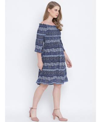 Misty blue printed bardot women casual dress 3
