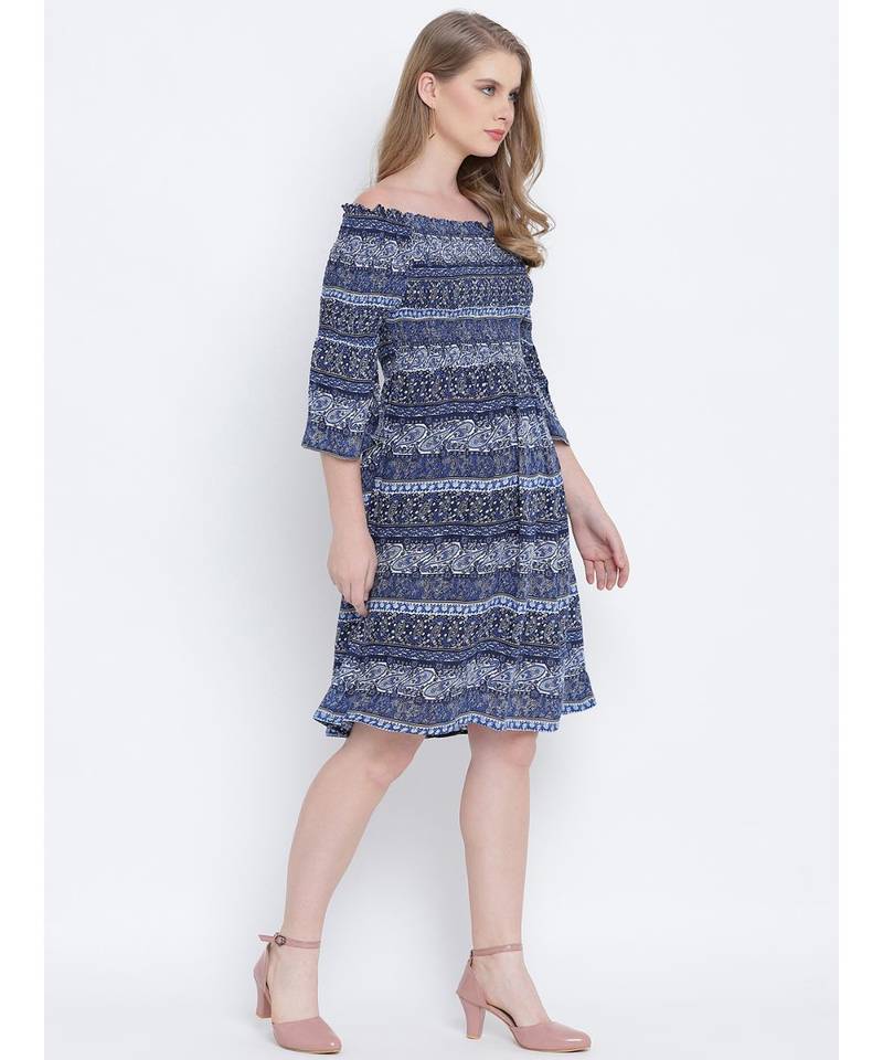 Misty blue printed bardot women casual dress