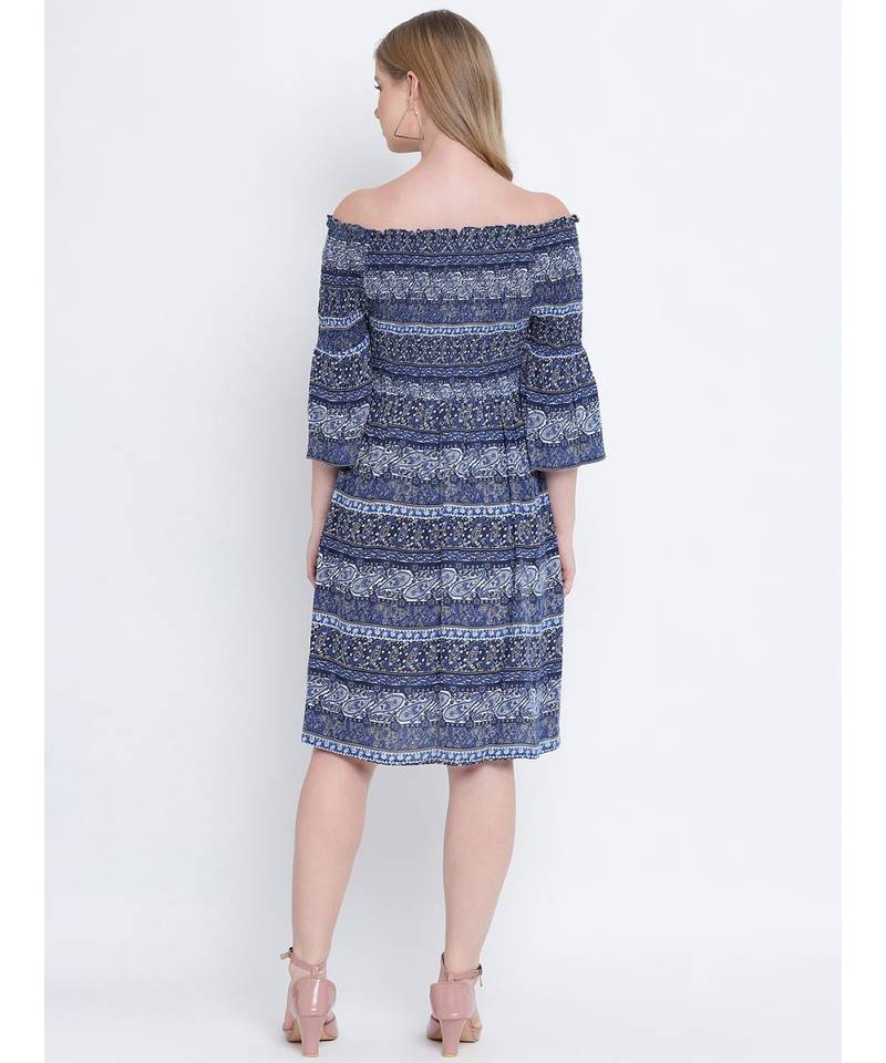 Misty blue printed bardot women casual dress