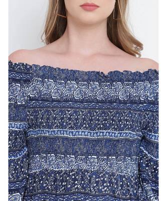 Misty blue printed bardot women casual dress 6
