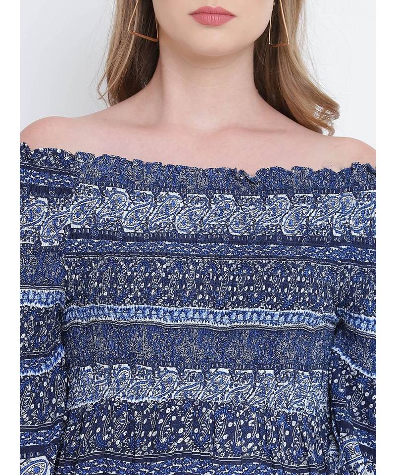 Misty blue printed bardot women casual dress