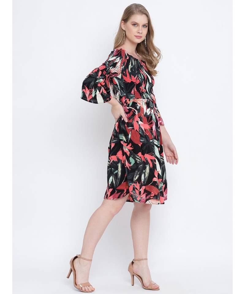 Blazzy indigo floral printed  bardot women casual dress