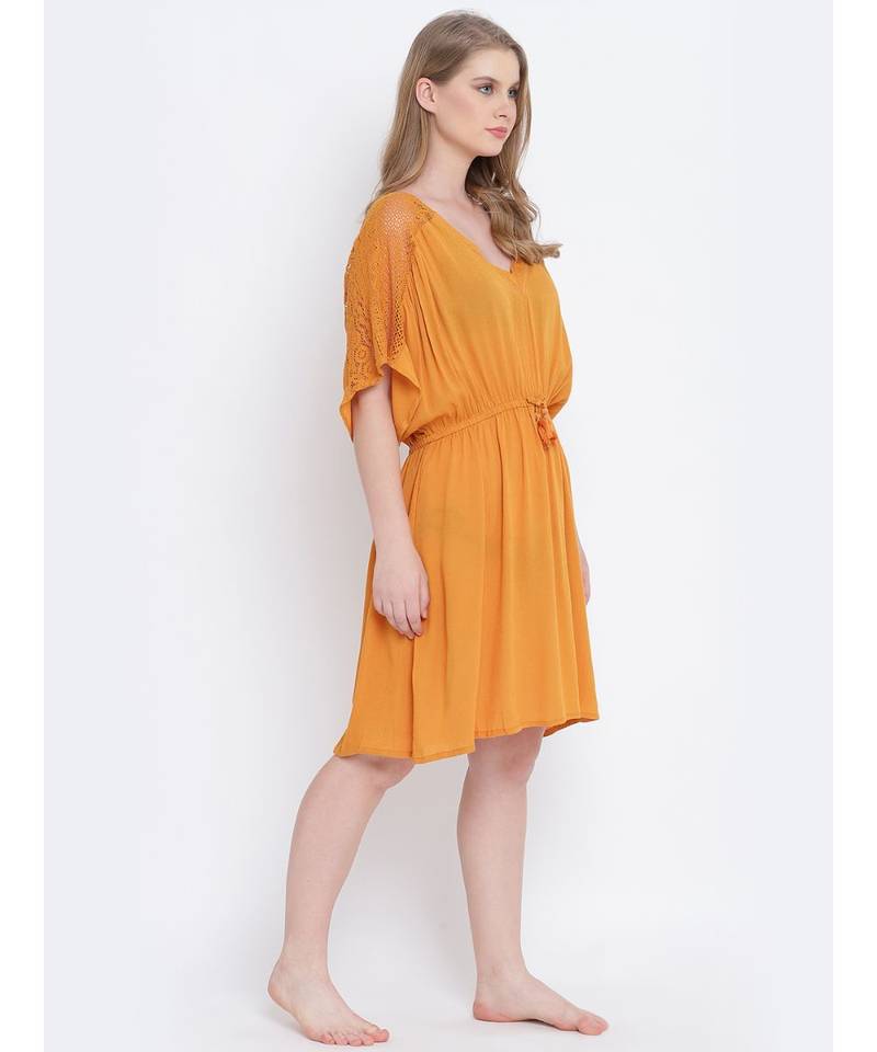 Majestic mustard laced up women nightwear dress